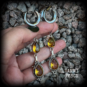 These beautiful boho gauged earrings have been made with gorgeous yellow citrine gemstones, lovely and dangly at approx 8.5cms from tip to tip, and weighing approx 9 grams each.  These earrings have been made on 5/8” gauge (16mm) surgical steel cradles, to be worn in stretched lobes.