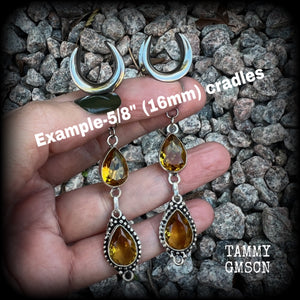These beautiful boho gauged earrings have been made with gorgeous yellow citrine gemstones, lovely and dangly at approx 8.5cms from tip to tip, and weighing approx 9 grams each.  These earrings have been made on 5/8” gauge (16mm) surgical steel cradles, to be worn in stretched lobes.