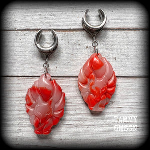 These gorgeous earrings feature carved Japanese jade kitsune, weighing approx. 25 grams each and measuring approx 8cms from tip to tip.
This pair have been made on 5/8” gauge (16mm) surgical steel cradles, suitable for stretched lobes.