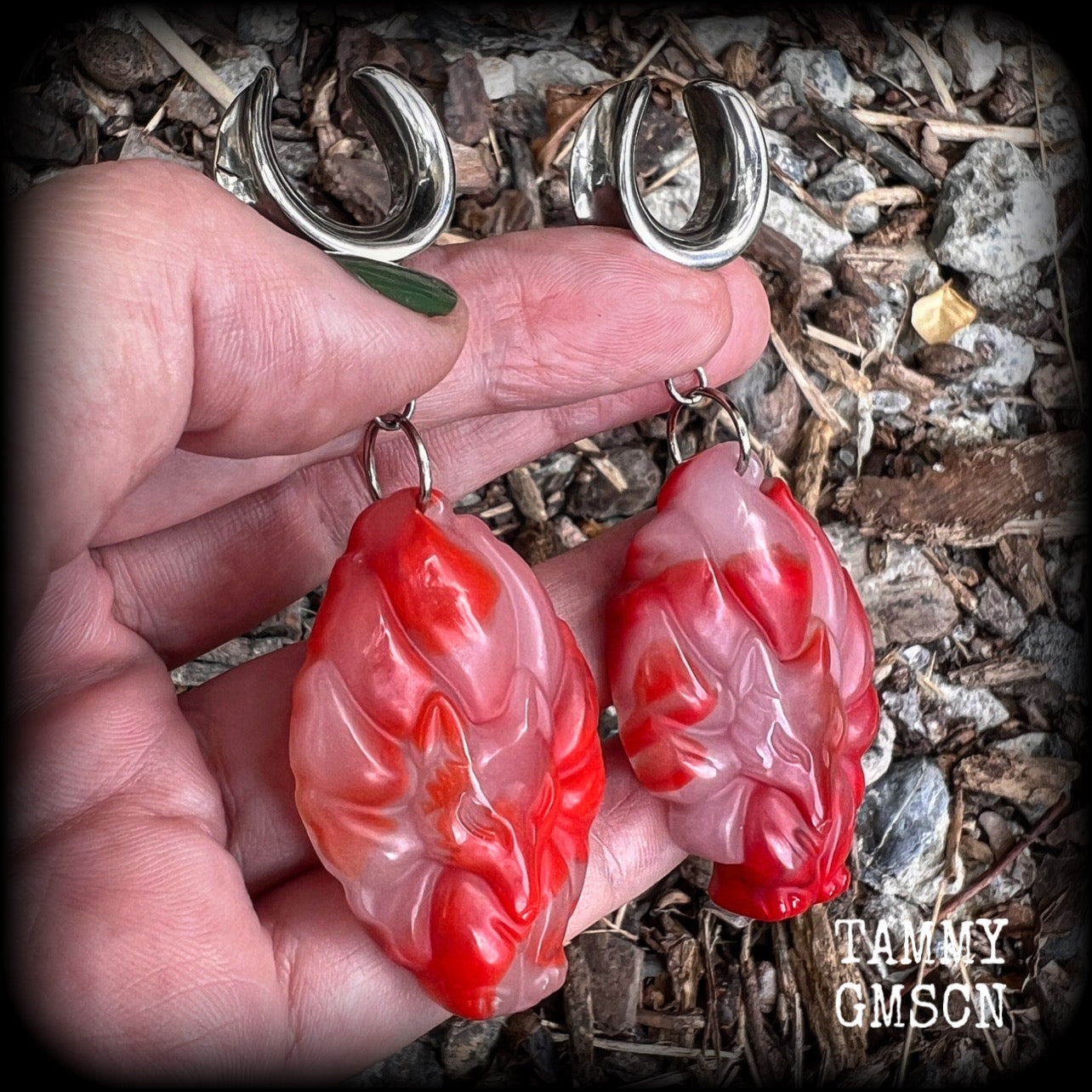 These gorgeous earrings feature carved Japanese jade kitsune, weighing approx. 25 grams each and measuring approx 8cms from tip to tip.
This pair have been made on 5/8” gauge (16mm) surgical steel cradles, suitable for stretched lobes.