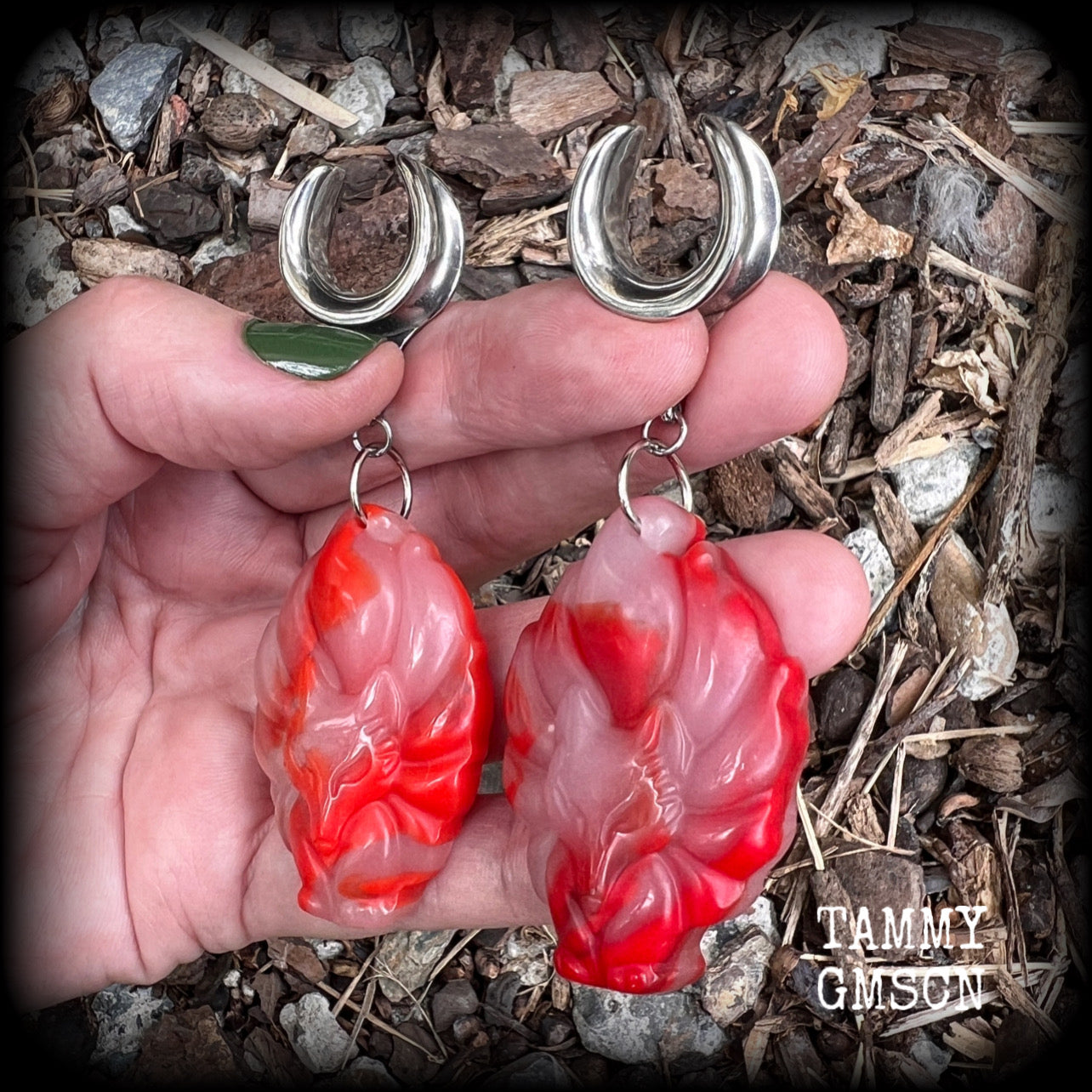 These gorgeous earrings feature carved Japanese jade kitsune, weighing approx. 25 grams each and measuring approx 8cms from tip to tip.
This pair have been made on 5/8” gauge (16mm) surgical steel cradles, suitable for stretched lobes.