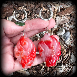 These gorgeous earrings feature carved Japanese jade kitsune, weighing approx. 25 grams each and measuring approx 8cms from tip to tip.
This pair have been made on 5/8” gauge (16mm) surgical steel cradles, suitable for stretched lobes.