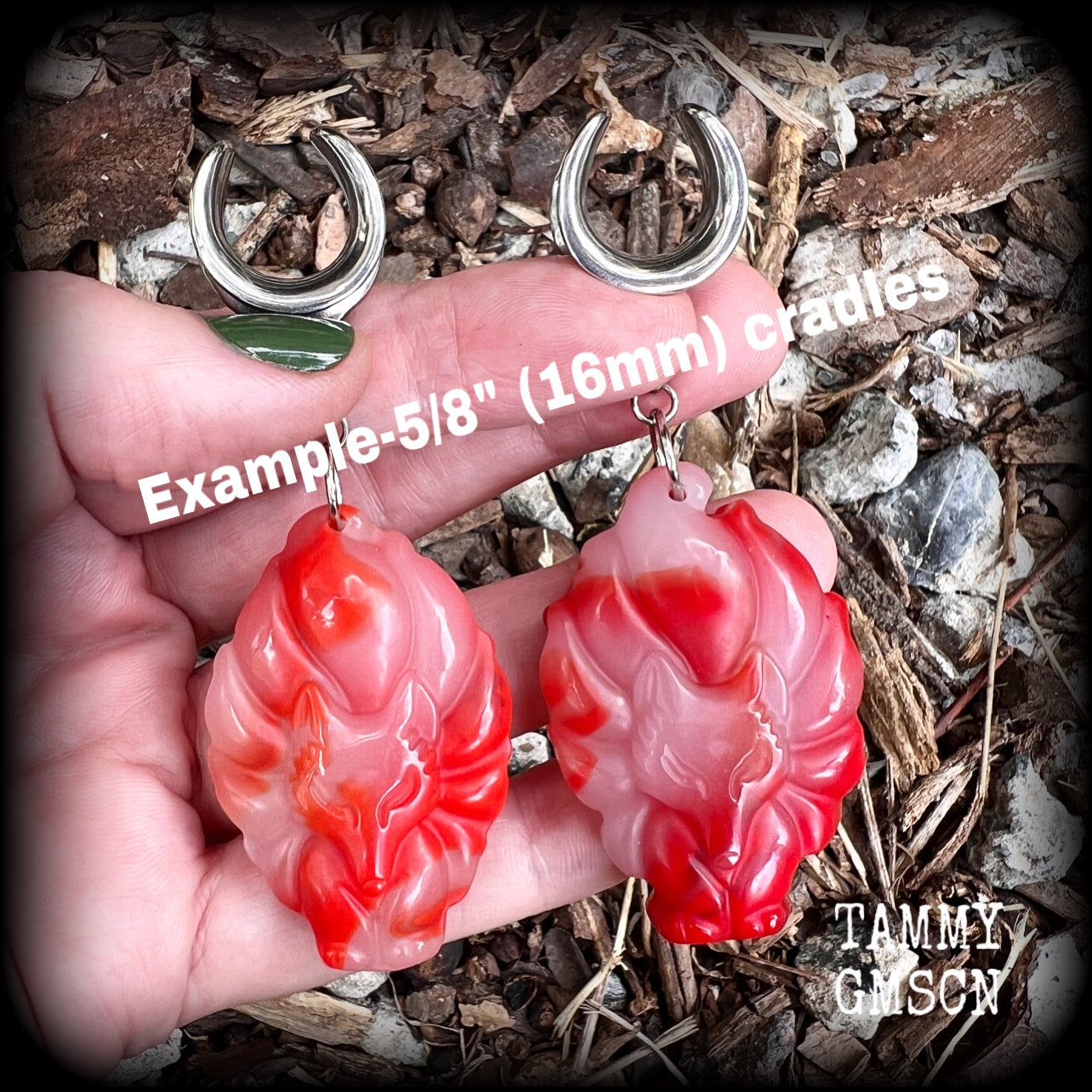 These gorgeous earrings feature carved Japanese jade kitsune, weighing approx. 25 grams each and measuring approx 8cms from tip to tip.
This pair have been made on 5/8” gauge (16mm) surgical steel cradles, suitable for stretched lobes.