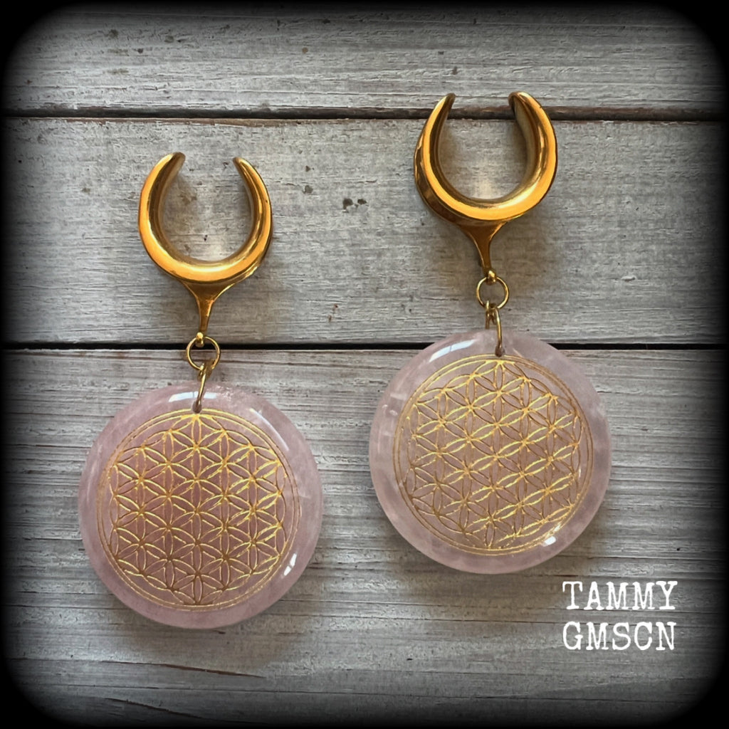 Rose quartz ear hangers-Flower of life ear weights