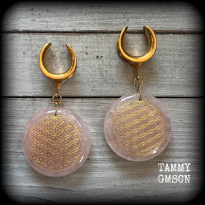 Rose quartz ear hangers-Flower of life ear weights