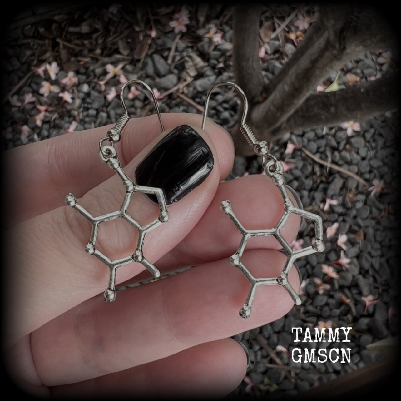 This pair of earrings features antique silver chocolate (theobromine) molecules, measuring approx 5cms from tip to tip, and weighing only a few grams each. 

This pair has been made with stainless steel french hooks, to be worn in pierced ears.