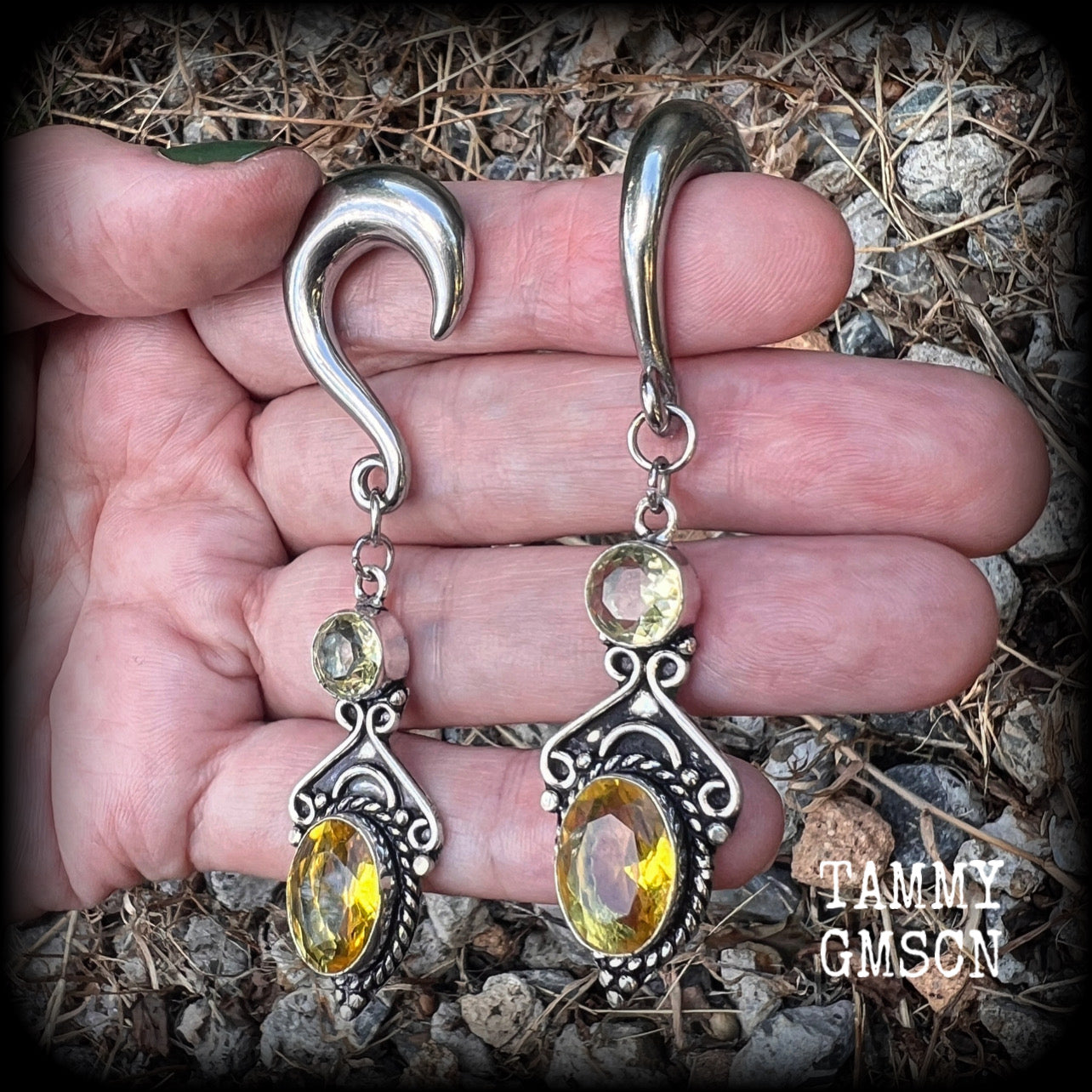 Yellow citrine gauged earrings-Gemstone ear weights