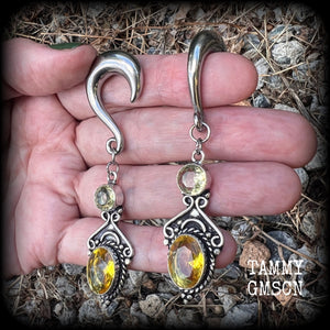 Yellow citrine gauged earrings-Gemstone ear weights