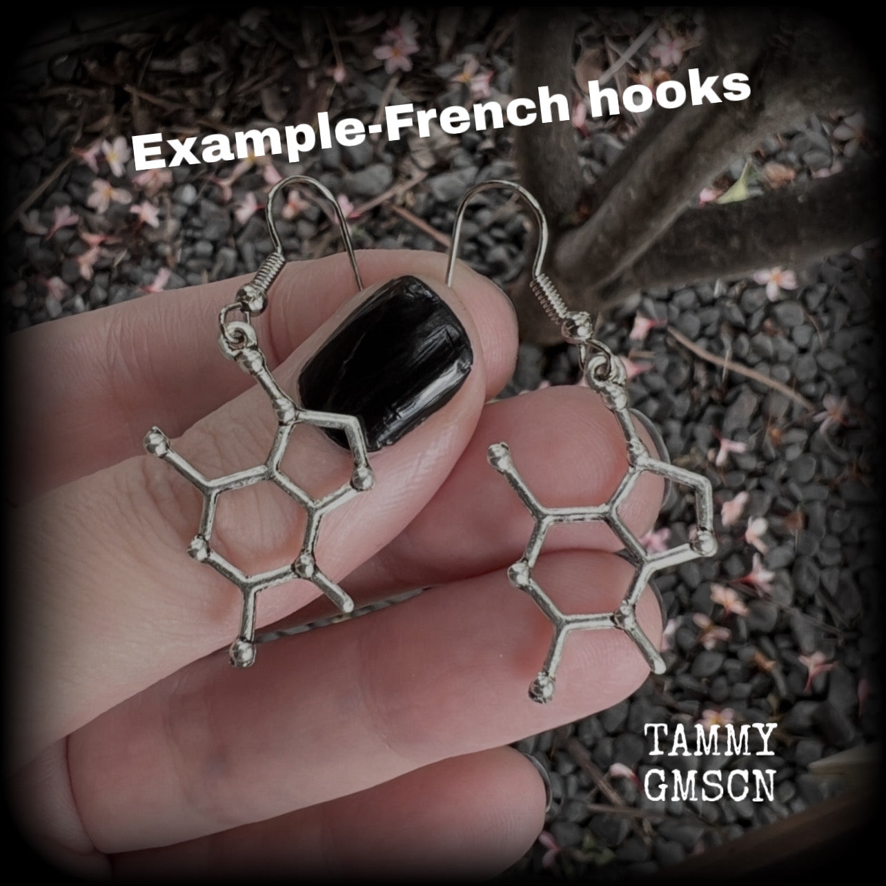 This pair of earrings features antique silver chocolate (theobromine) molecules, measuring approx 5cms from tip to tip, and weighing only a few grams each. 

This pair has been made with stainless steel french hooks, to be worn in pierced ears.