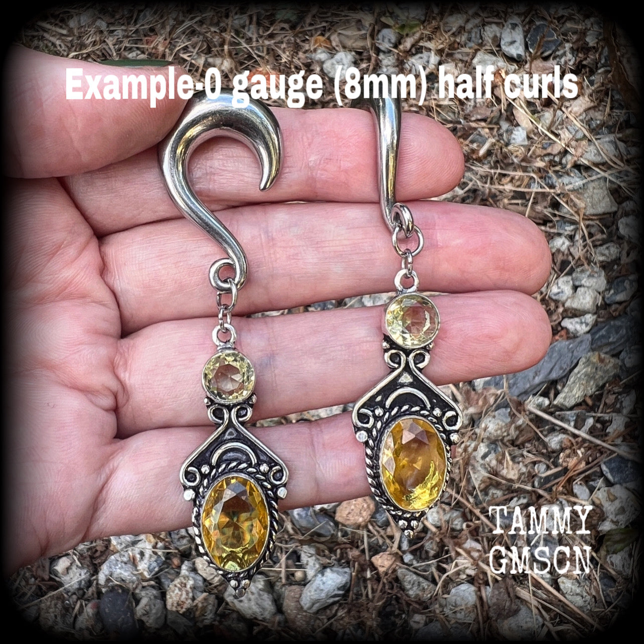These earrings have been made with gorgeous facet yellow citrine gemstones, lovely and dangly at just under 8 from tip to tip, and weighing approx 15 grams each.
These earrings have been made on 0 gauge (8mm) surgical steel half curl hooks.