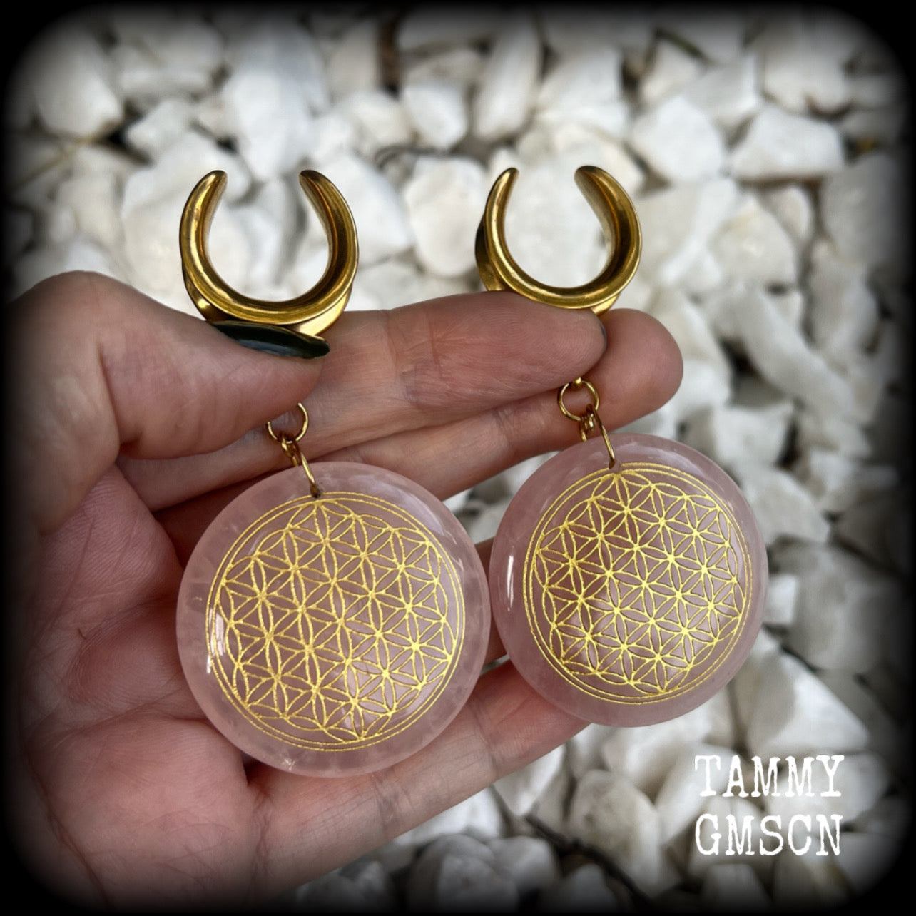 Rose quartz ear hangers-Flower of life ear weights