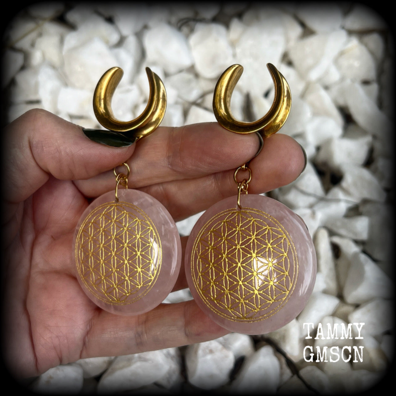 Rose quartz ear hangers-Flower of life ear weights