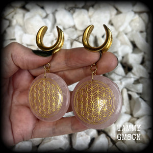 Rose quartz ear hangers-Flower of life ear weights