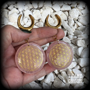 Rose quartz ear hangers-Flower of life ear weights