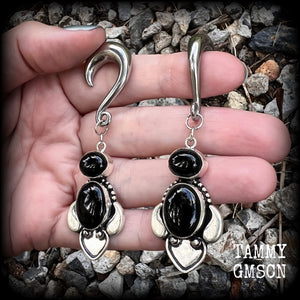 Black onyx gauged earrings-Hanging gauges