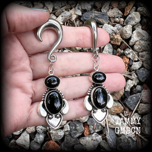 Black onyx gauged earrings-Hanging gauges