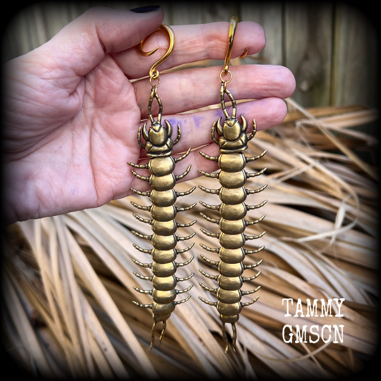 Brass centipede ear hangers Millipede earrings Insect ear weights 6 gauge 4mm ear weights 6mm 8mm 10mm 12mm 14mm 16mm 19mm 22mm 25mm Stretched ears Stretched lobes Invertebrates Gauged earrings Gauged ears 2g 0g 00g 1/2" 9/16" 5/8" 3/4" 7/8" 1”