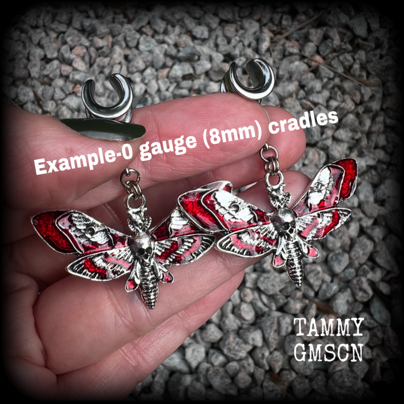 Red enamel deathshead moth ear hangers-Dreadpunk moth ear weights