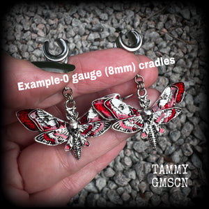 Red enamel deathshead moth ear hangers-Dreadpunk moth ear weights