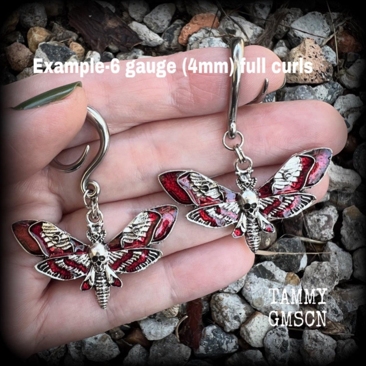 Red enamel deathshead moth ear hangers-Dreadpunk moth ear weights