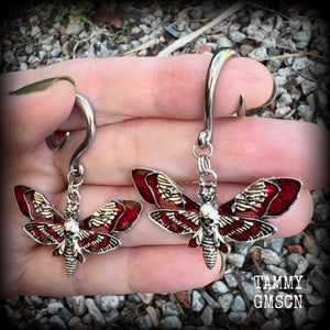 Red enamel deathshead moth ear hangers-Dreadpunk moth ear weights