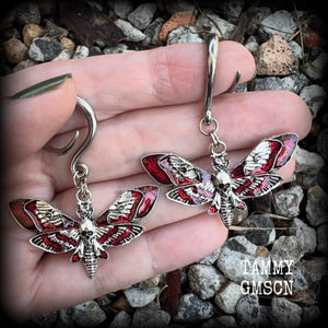 Red enamel deathshead moth ear hangers-Dreadpunk moth ear weights