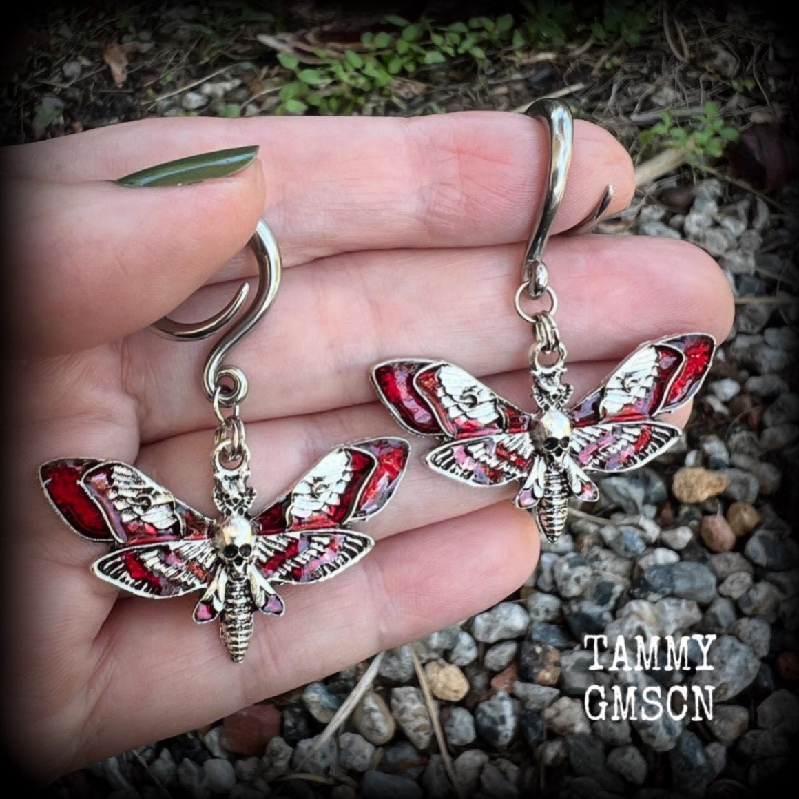 Red enamel deathshead moth ear hangers-Dreadpunk moth ear weights