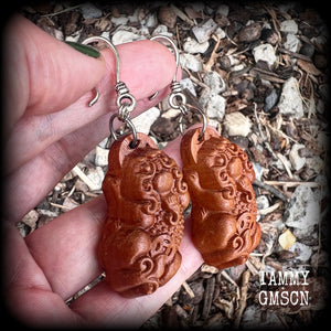 Chinese lion earrings-Carved wood pixiu earrings