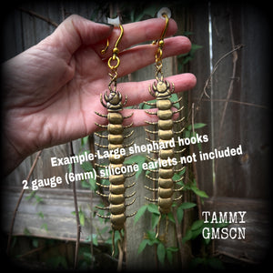 Brass Centipede earrings-Arthropod insect earrings-Millipede earrings