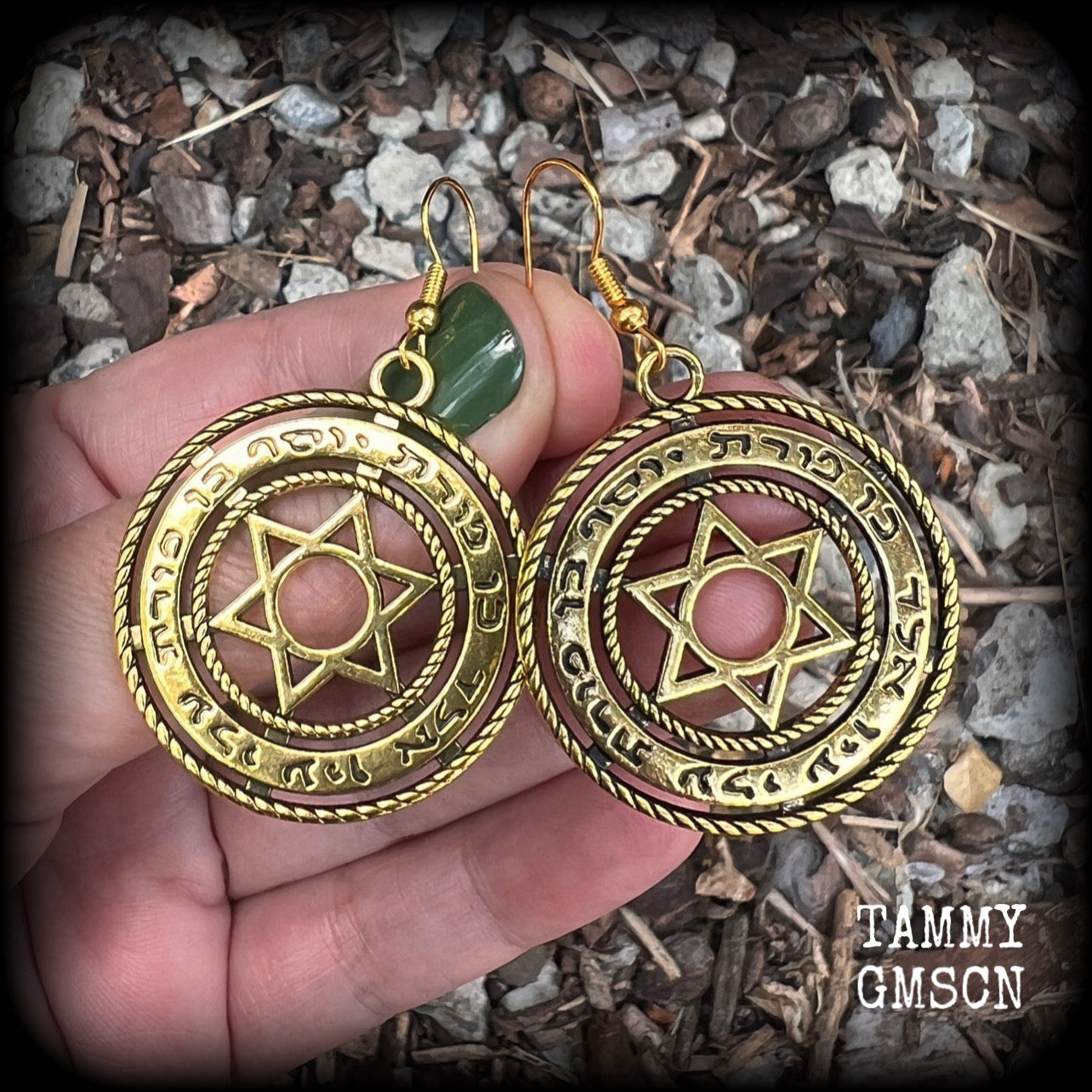 These gorgeous antique gold earrings feature the Star of David enclosed in the Shema Yisrael prayer. Measuring just on 8 grams a piece, these earrings are nice and dangly, measuring 6cms from tip to tip.

Made with antique gold french hooks.