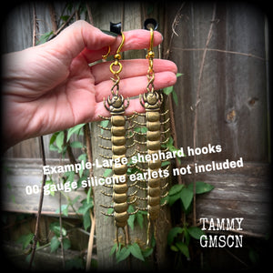 Brass Centipede earrings-Arthropod insect earrings-Millipede earrings