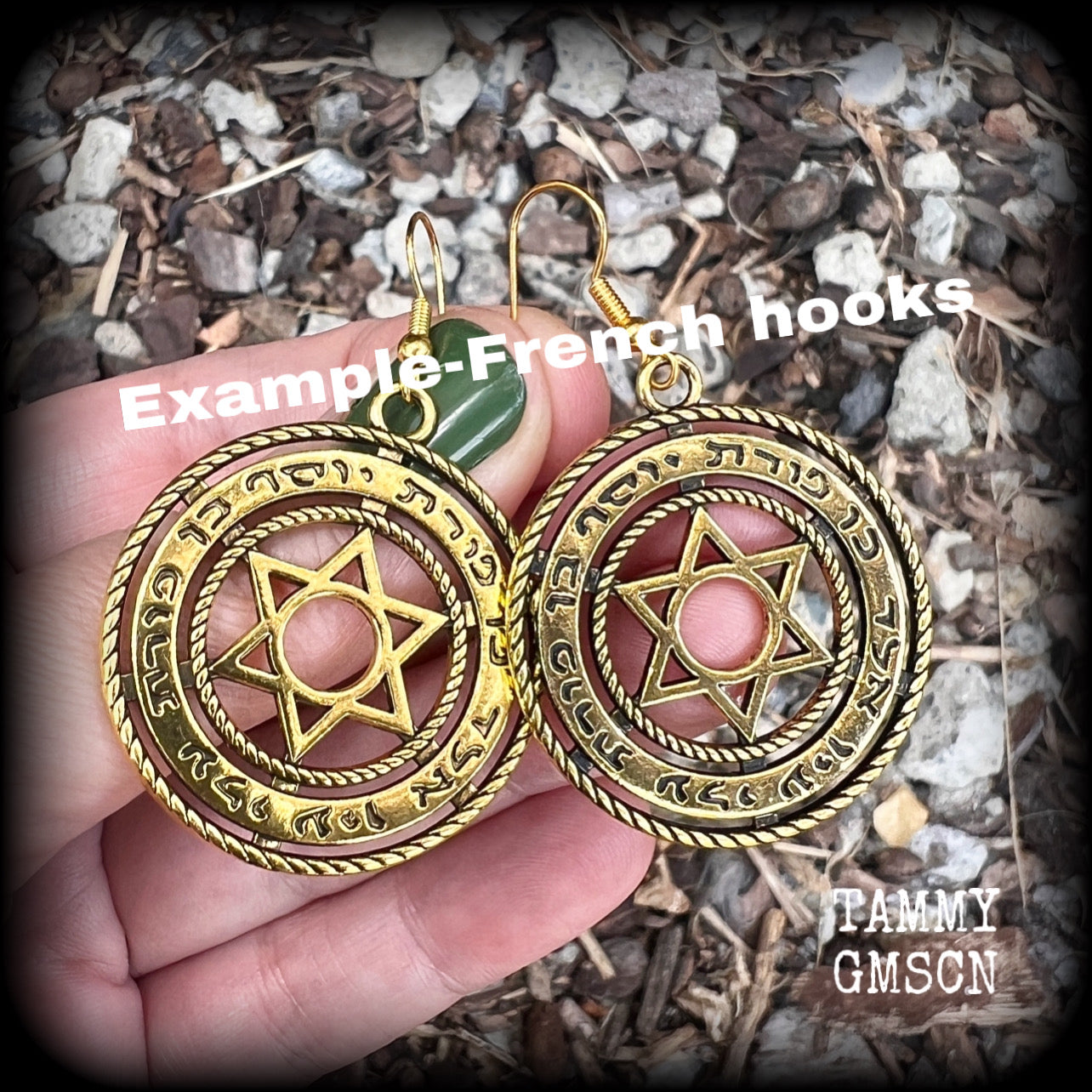 These gorgeous antique gold earrings feature the Star of David enclosed in the Shema Yisrael prayer. Measuring just on 8 grams a piece, these earrings are nice and dangly, measuring 6cms from tip to tip.

Made with antique gold french hooks.