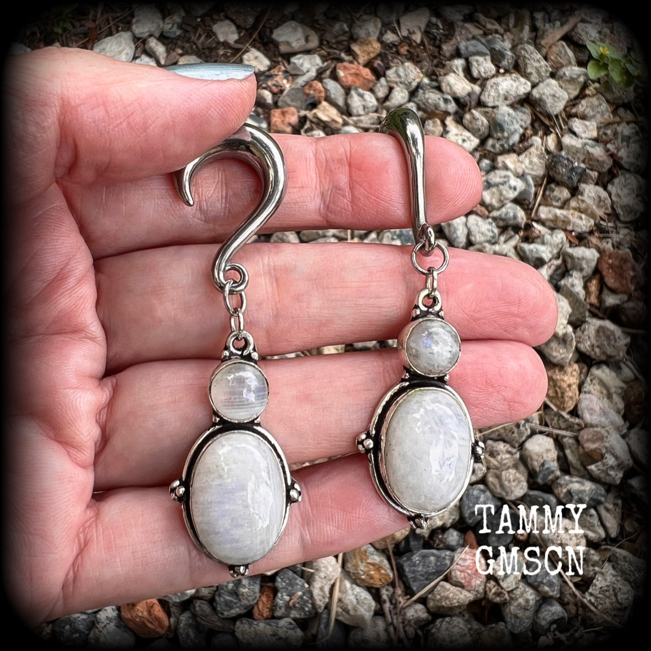 Rainbow moonstone gauged earrings-Boho ear jewelry