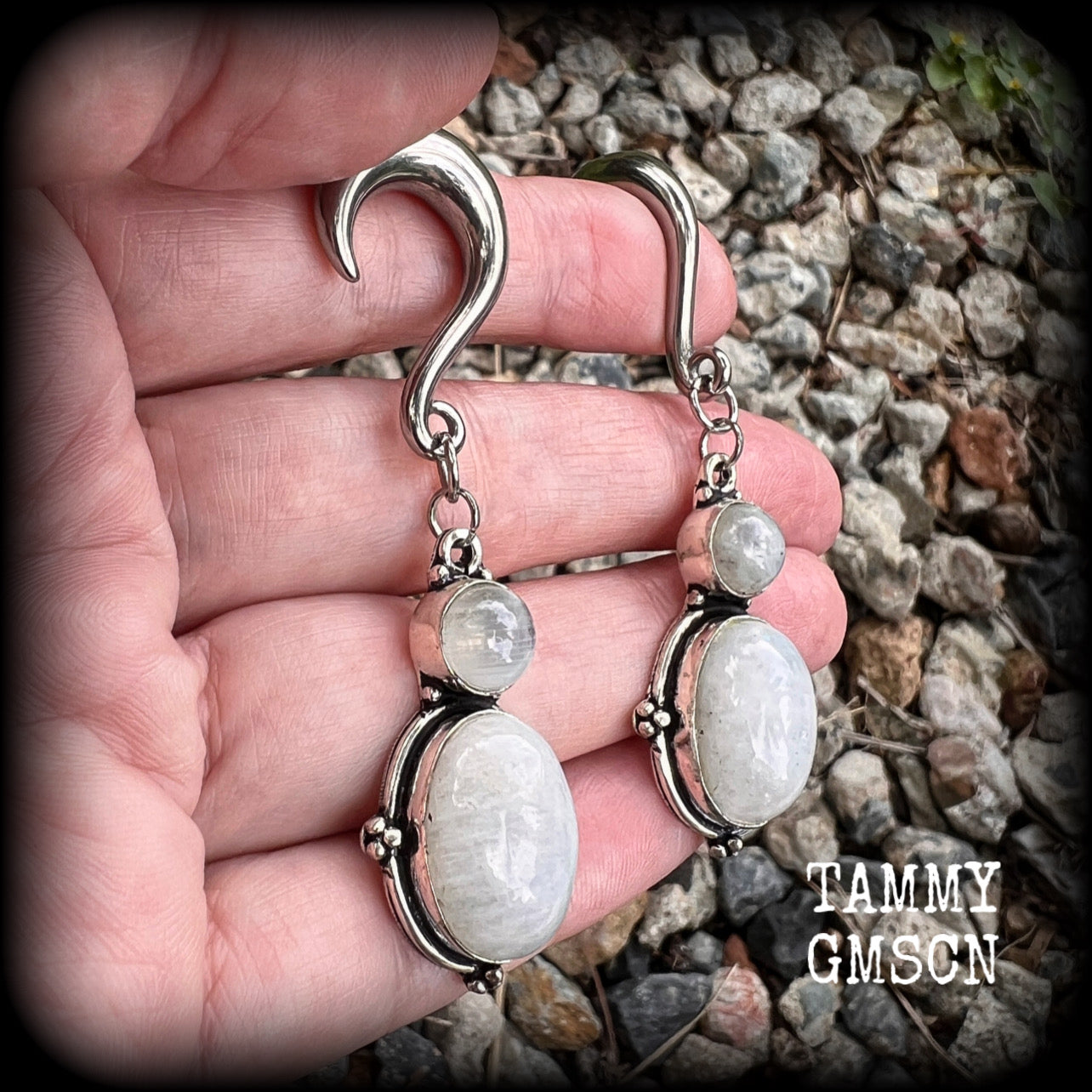 Rainbow moonstone gauged earrings-Boho ear jewelry