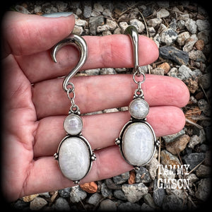 Rainbow moonstone gauged earrings-Boho ear jewelry