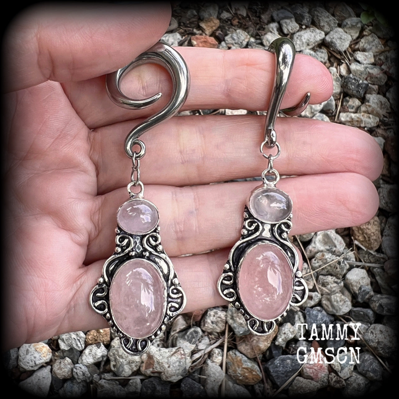 Rose quartz gauged earrings-Gemstone ear gauges