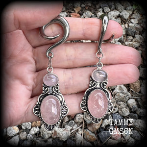 Rose quartz gauged earrings-Gemstone ear gauges