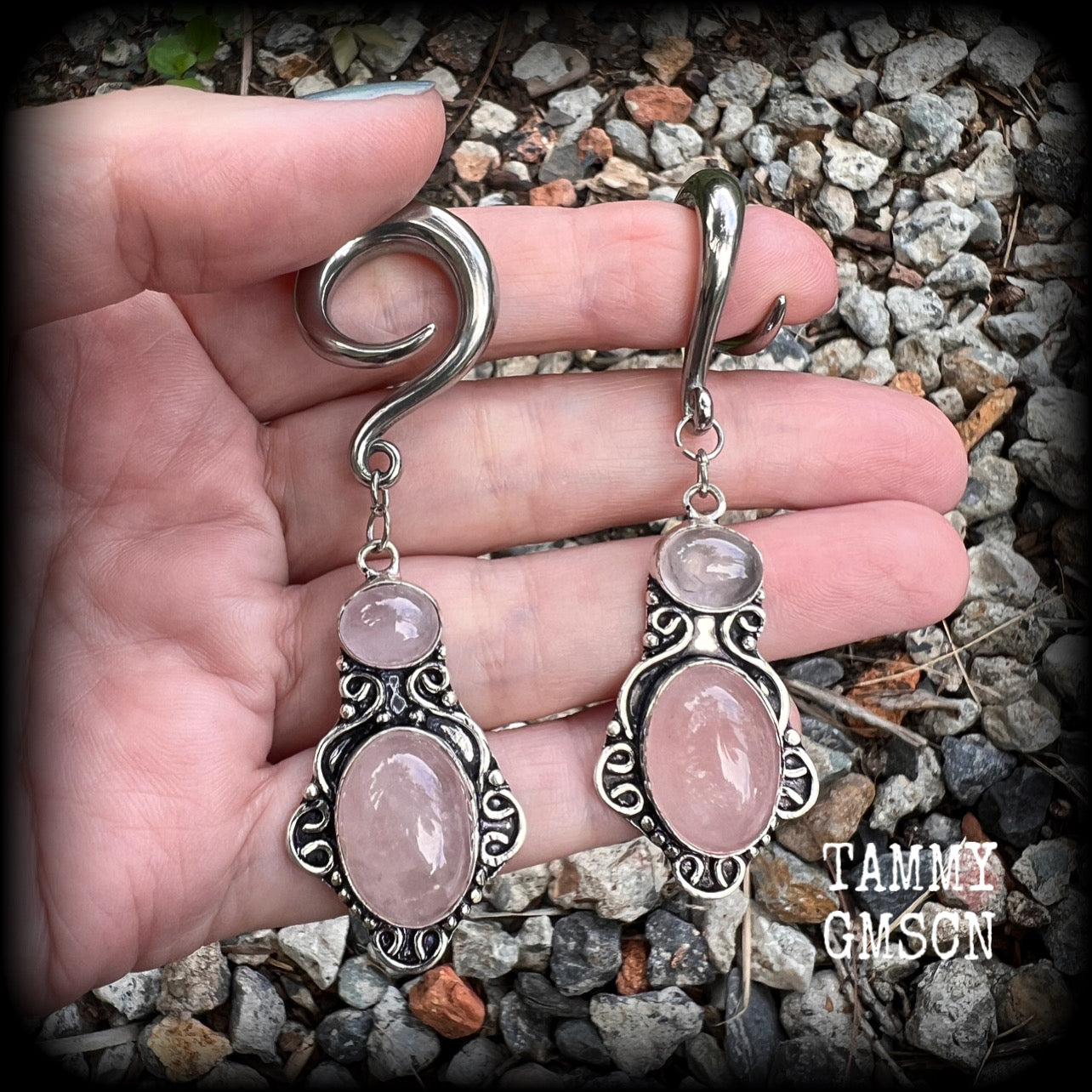 Rose quartz gauged earrings-Gemstone ear gauges