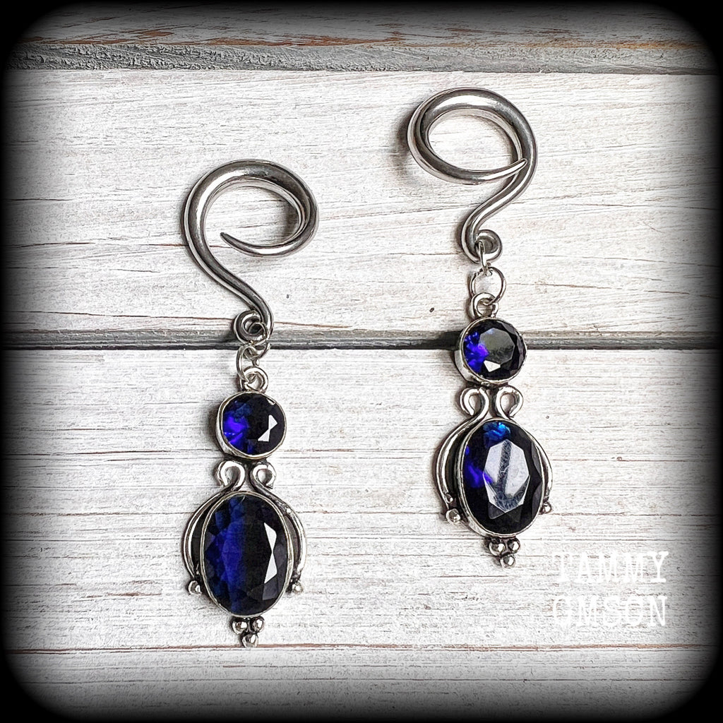 Blue topaz boho gauged earrings-Gemstone ear weights