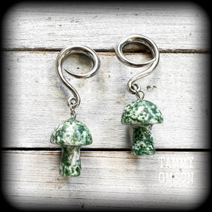 Moss jasper mushroom gauged earrings