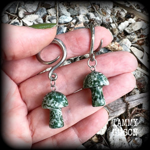 Moss jasper mushroom gauged earrings