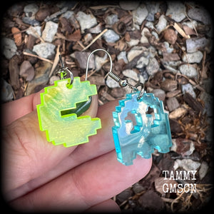 These super rad earrings feature classic acrylic pixelated Pac man and Inky charms, measuring 4.5 cms from tip to tip, weighing in at only a few grams each.

This pair has been made on stainless steel french hooks for pierced ears.