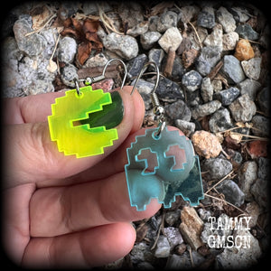 These super rad earrings feature classic acrylic pixelated Pac man and Inky charms, measuring 4.5 cms from tip to tip, weighing in at only a few grams each.

This pair has been made on stainless steel french hooks for pierced ears.