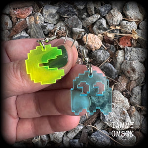 These super rad earrings feature classic acrylic pixelated Pac man and Inky charms, measuring 4.5 cms from tip to tip, weighing in at only a few grams each.

This pair has been made on stainless steel french hooks for pierced ears.