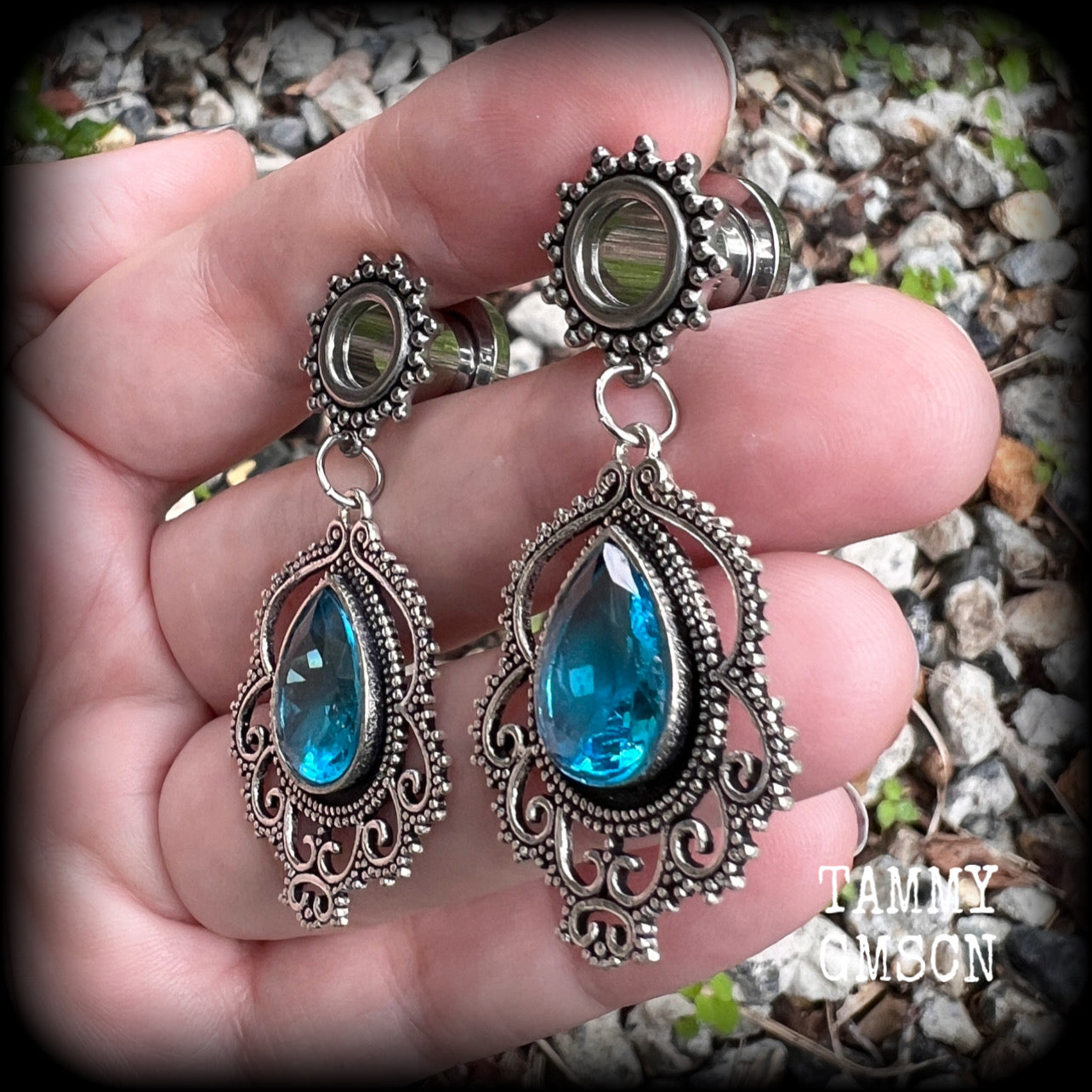 Blue topaz boho tunnel earrings-Gemstone ear gauges-Boho tunnels