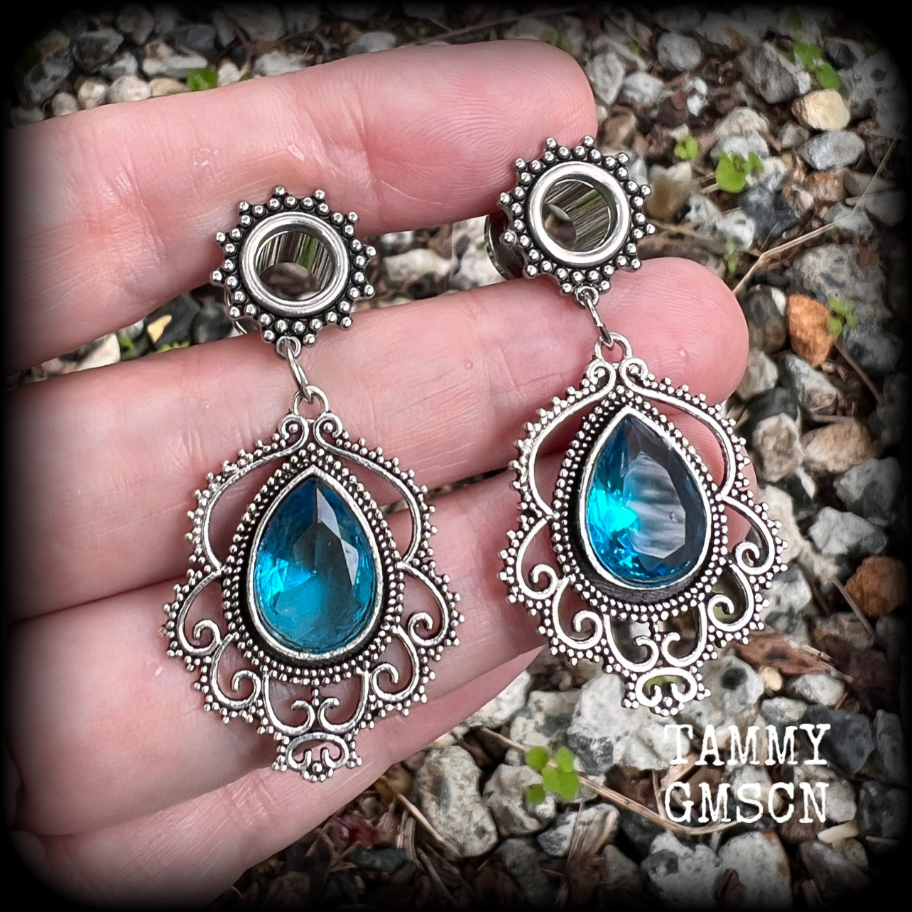 Blue topaz boho tunnel earrings-Gemstone ear gauges-Boho tunnels