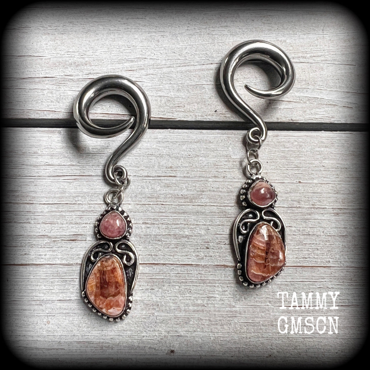 Rhodochrosite hanging gauges-Gauged earrings-Gemstone gauges