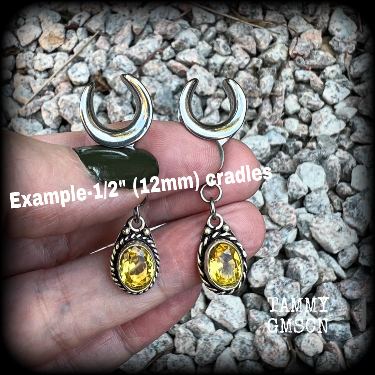 These beautiful boho gauged earrings have been made with gorgeous yellow citrine gemstones, lovely and dangly at approx 4.5cms from tip to tip, and weighing approx 5 grams each.  These earrings have been made on 1/2” gauge (12mm) surgical steel cradles, to be worn in stretched lobes.