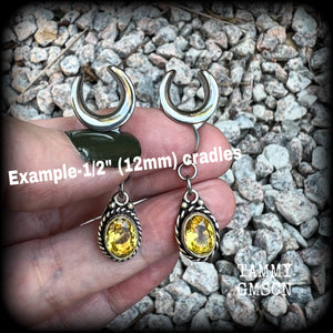 These beautiful boho gauged earrings have been made with gorgeous yellow citrine gemstones, lovely and dangly at approx 4.5cms from tip to tip, and weighing approx 5 grams each.  These earrings have been made on 1/2” gauge (12mm) surgical steel cradles, to be worn in stretched lobes.