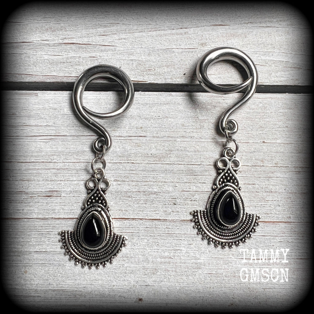Black obsidian gauged earrings-Gemstone ear gauges